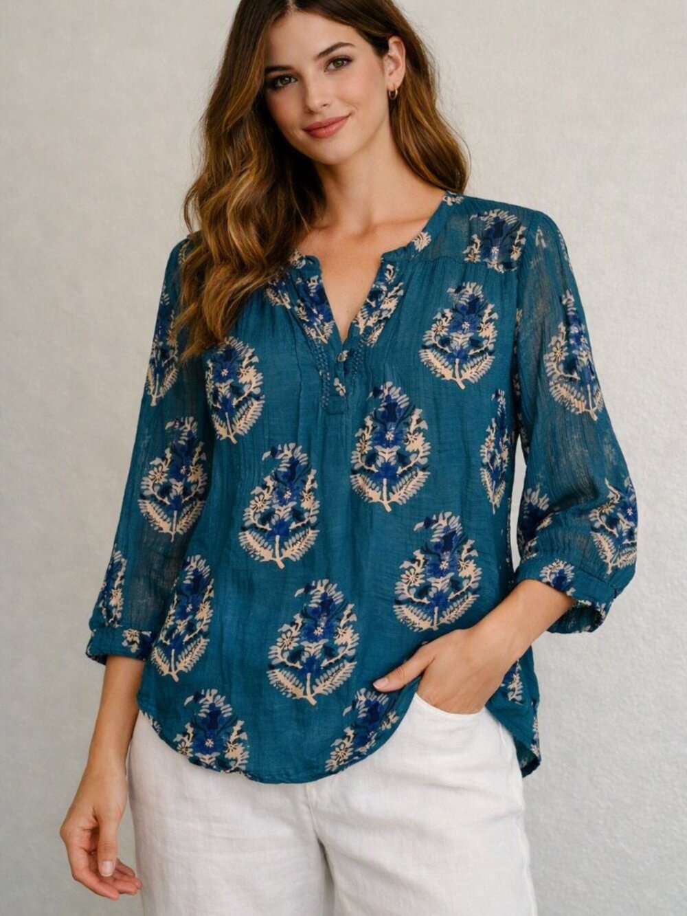 Lucky Brand Green and White Blouse with Mandarin Collar